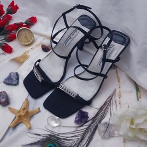 Black Satin Rhinestone Heels